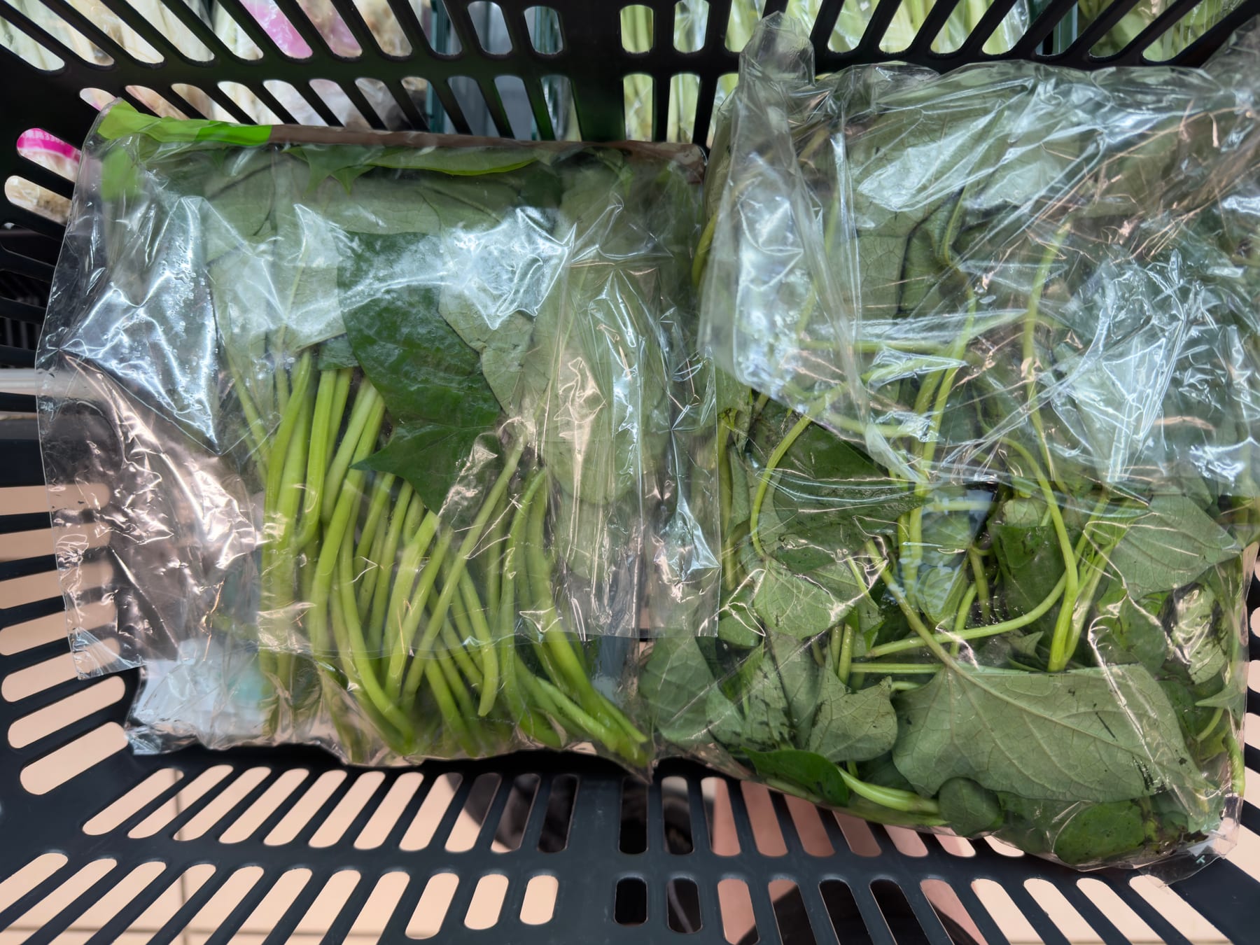 超市貨架上兩包排列不同的地瓜葉
